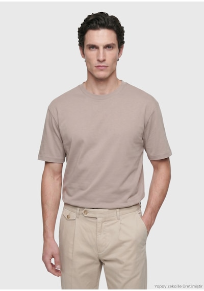 Ramsey Bej Düz Bisiklet Yaka %100 Pamuk T-shirt bej beige