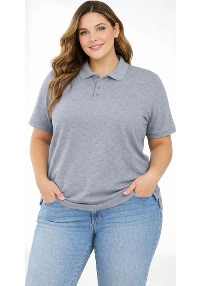 Wear Vexel Kadın Battal Beden Tişört Polo Yaka Pike Kumaş Kısa Kol T-shirt - Gri Gri
