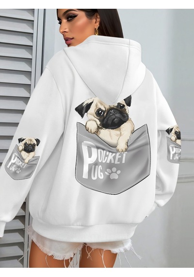 Startmore Startmorecep Pug Kapüşonlu Üstleri Kadınlar Karikatür Köpek Baskılı Büyük Beden Cepli Kapüşonlu Üst Kı Beyaz