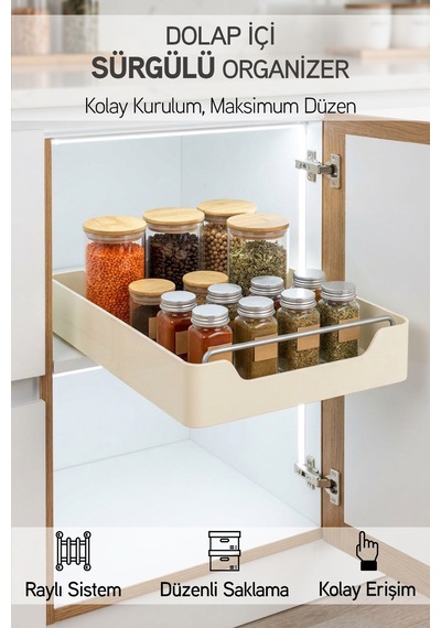 Kendinden Bantlı Sürgülü Raylı Çok Amaçlı Dolap İçi Organizer Banyo Mutfak Dolap Düzenleyici 26x34cm Krem