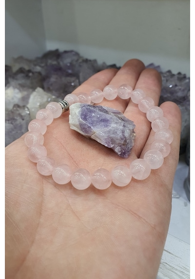 Pembe Kuvars Doğal Taş Bileklik 8 Mm Ametist Taş Hediyeli Yaşam Sevinçi, Pozitiflik Çok Renkli