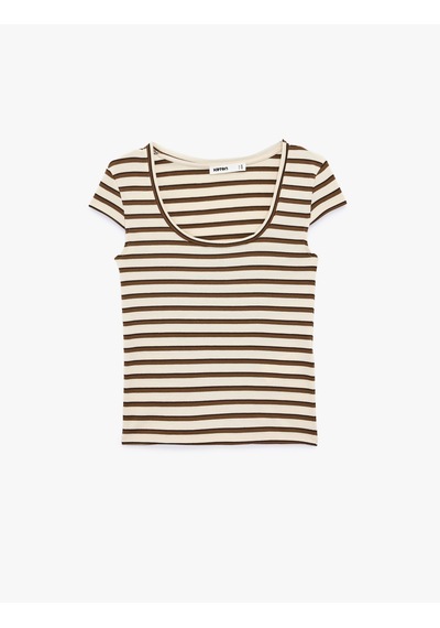 Koton Slim Fit U Yaka Kısa Kollu Çizgili Tişört Kahverengi Çizgili 6sak50460ek