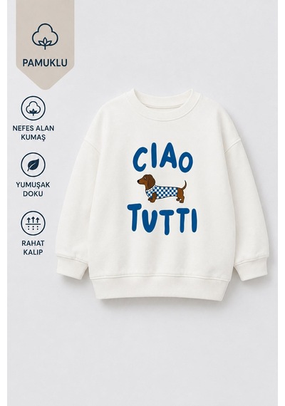 Monila Erkek Çocuk 3 İplik Kumaş Köpek Baskılı Pamuklu Sweatshirt Ekru