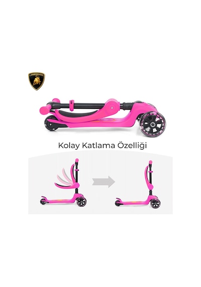 Lamborghini Lisanslı L5 2in1 Katlanabilir Oturaklı Işıklı 3 Tekerlekli Çocuk Scooter Pembe
