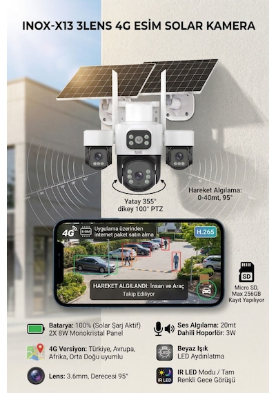 Inox-x13 3 Lensli Esım 4g Solar Güneş Enerjili Kablosuz Dış Mekan Ptz Güvenlik Kamerası