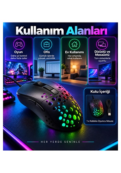 8000 Dpı Kablolu Oyuncu Mouse 6 Tuşlu Renkli Aydınlatmalı Usb Gaming Mouse Delikli 001