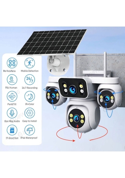 4 Kameralı Çift Panelli 4g Solar Kamera Aov 7/24 Kayıt Hiaesy Yazılım