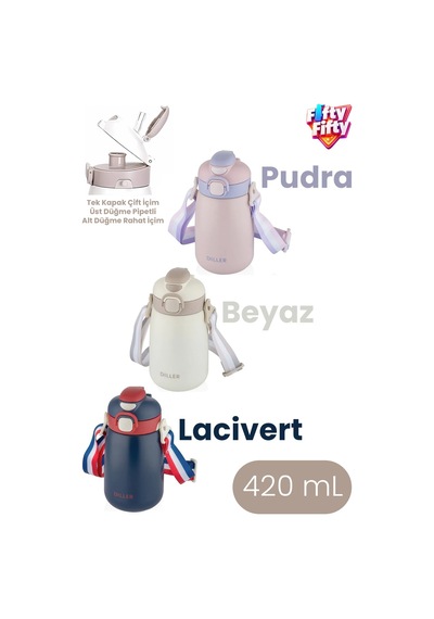 Dıller 420 Ml Pipetli/pipetsiz Tek Kapak Çift Kullanım Askılı Çelik Termos Su Matarası 6 Saat Sıcak/soğuk Pudra