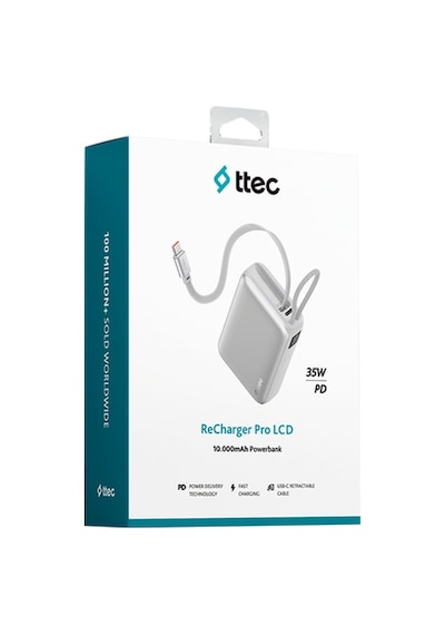 Ttec Recharger Pro Lcd 10.000mah Pd 35w Usb-c Makaralı Kablolu Taşınabilir Hızlı Şarj Aleti / Powerbank 2bb276 Gri
