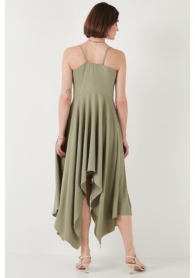 Lela Asimetrik Kesim Regular Fit Midi Boy Askılı V Yaka Bayan Elbise 5866131 Olive