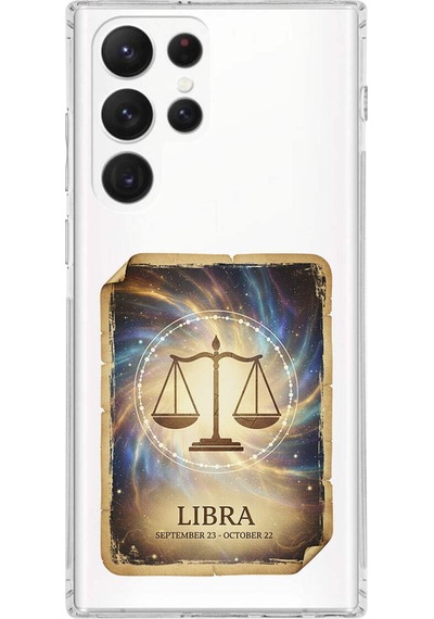 Samsung Galaxy S22 Ultra İle Uyumlu Burç Kartları Terazi Tasarımlı Şeffaf Silikon Kılıf Şeffaf