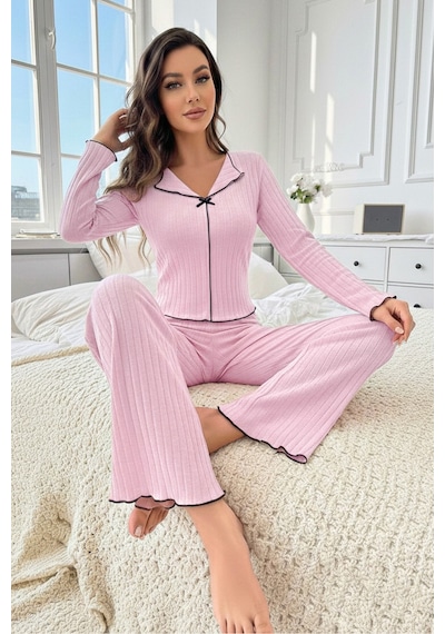 Bella Notte Pembe Pamuklu Siyah Overlok Ve Fiyonk Detaylı Uzun Kollu Pijama Takımı