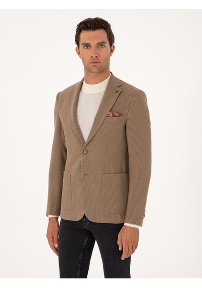 Cacharel Bej Slim Fit Yün Karışımlı Dokulu Ceket
