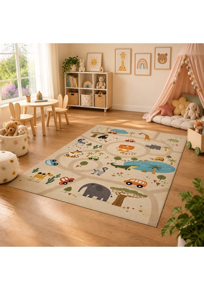 Kartela Halı Safari Yolculuğu Kaymaz Taban Çocuk Oyun Halısı - 120 X 180 Cm Çok Renkli