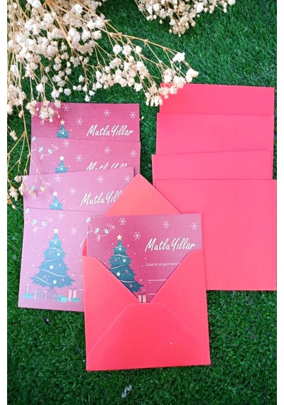 20 Adet Kırmızı Zarflı Çam Ağaçlı Yılbaşı Tebrik Kartı - 9x6cm Kuşe Hediye Kartı - Yılbaşı Süsü