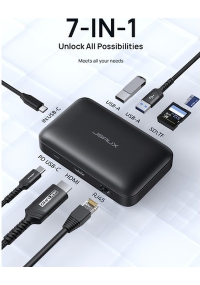 Jsaux Mp02 7in1 Type-c Pd Hub 100w Şarj Hdmı 2 X Usb 3.0 Sd Tf Kart Okuyucu Rj45 + Kablo Seti Dönüştürücü Çevirici Adaptör Hub