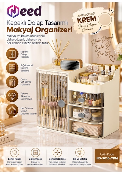 Need Kapaklı Dolap Tasarımlı 3 Çekmeceli Makyaj Organizeri Ve Takı Düzenleyici Krem Nd-9018-crm