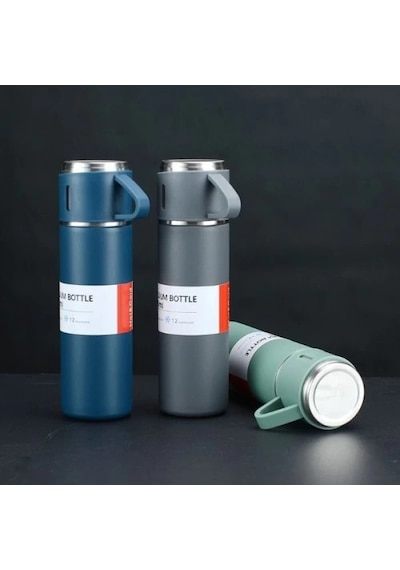Paslanmaz Çelik Bardaklı Termos Seti 500 Ml Mavi