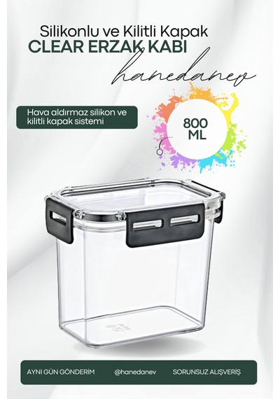 Clear Dikdörtgen Erzak Kabı - Silikonlu Ve Kilitli Kapaklı Saklama Kabı 800 Ml 14 X 11,5 Cm ŞEffaf