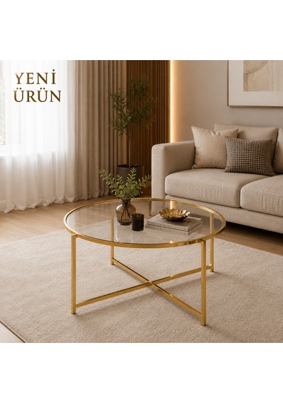 Sun Şeffaf Camlı Orta Sehpa Altın