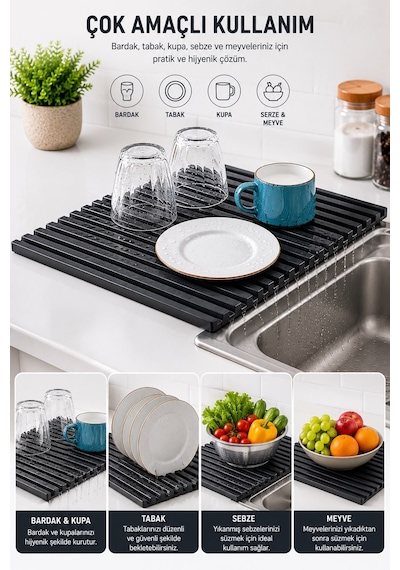 Sas Haus Plastik Pratik Lavabo Tezgah Üstü Bulaşık Kurutmalığı Siyah 35 X 45 S-10145