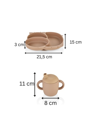 2'li Silikon Bebek Beslenme Seti / Bölmeli Mama Tabağı / Bebek Bardağı - Moka Mocca