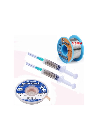 Dörtlü Set Flux,lehim Emme Tel 3,0mm Ve Lehim Teli Soldering 63sn/37pb Flux %1-3 40gr 0,5mm