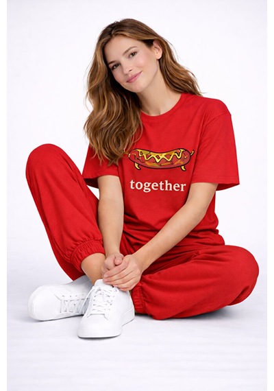 Better Together Baskılı Sevgili Kombini Çift Tişört Oversize Unisex Çift Kombin Kırmızı