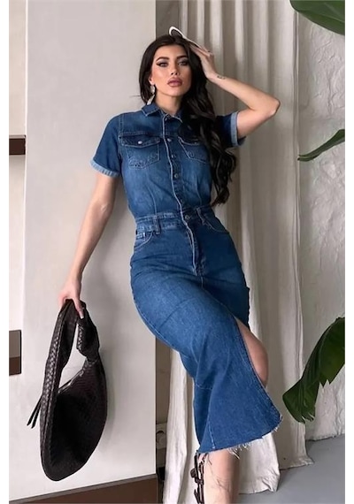 Neşeli Butik Kadın Yırtmaçlı Cep Detaylı Kot Elbise Nbnp005 Mavi