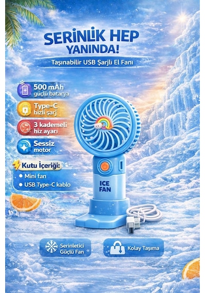 Fit Mavi Mini Taşınabilir Sessiz El Fanı 3 Hız Ayarlı Mini El Pervanesi Soğutucu-vantilatör