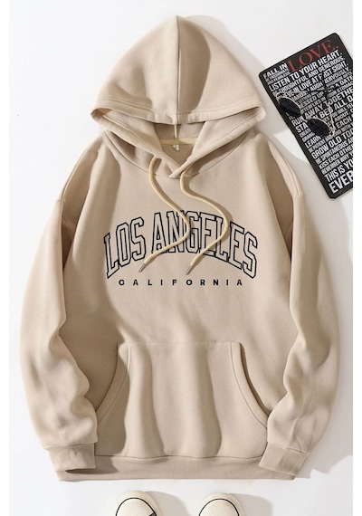 Uyguntarz Unisex Los Angles Baskılı Sweatshirt Bej