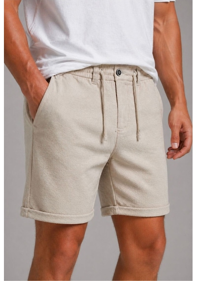 Bürke Erkek Krem Renk Regular Fit Düz Duble Paça Beli Bağcıklı Cepli Basic Düz Şort
