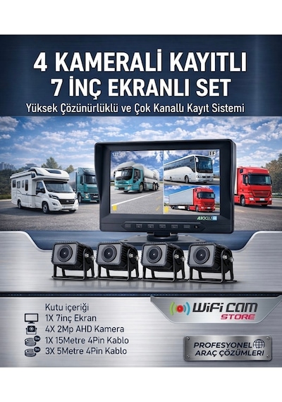 7 İnç Ahd 4 Kameralı Kayıtlı Arac Kamera Seti