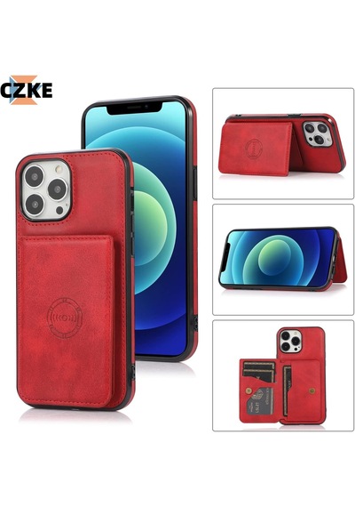 Iphone 13 Pro Max Uyumlu Kart Bölmeli Cüzdanlı Deri Kılıf Kırmızı