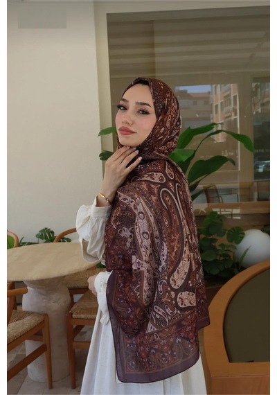 Premium Lux Original Etnik Desen Şal Vual İpek, 1. Sınıf, Hafif, Rahat, Şık, Tesettür Giyim Kahverengi