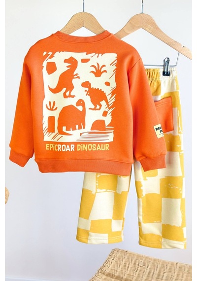 Erkek Çocuk Dinozor Temalı Sırt Baskılı Sweatshirt Ve Pantolon Takım Çok Renkli