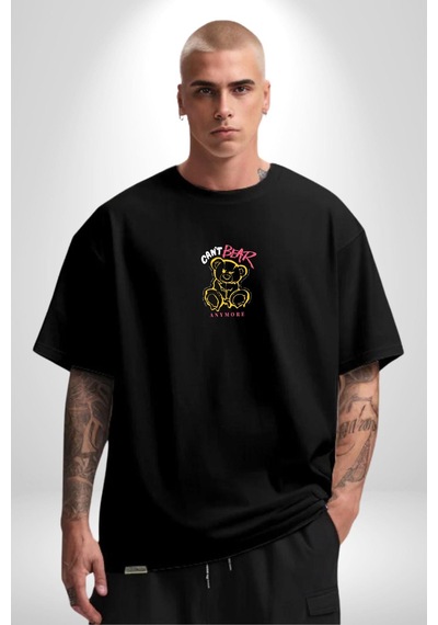 Daha Fazla Dayanamıyorum Teddy Siyah Oversize Unisex Ön Orta Minimal Baskılı Tişört Siyah