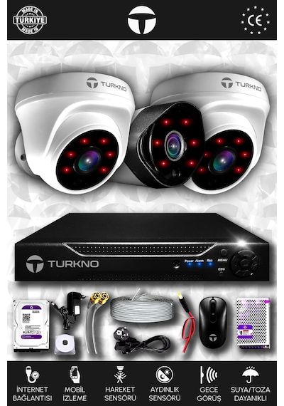 Turkno 3 Kameralı Galia 2 İç Kamera Set 2 TB HDD Full HD Gece Görüşlü Güvenlik Kamerası Sistemi