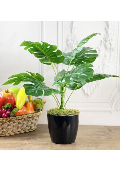 Yapay Çiçek Monstera 9 Dal Siyah Plastik Saksılı Deve Tabanı Deko