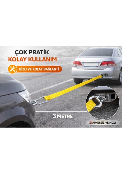 Mdstech 3 Metre 3 Ton Araç Çeki Halatı Zincir Kilitli Dayanıklı Çekme Halatı