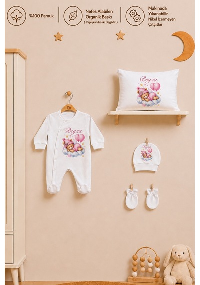 Pia Baby İsme Özel Kız Bebek %100 Pamuk Hastane Çıkışı Tulum Şapka Eldiven Kıyafet Keseli Hediye Seti 1032tybkyx Krem