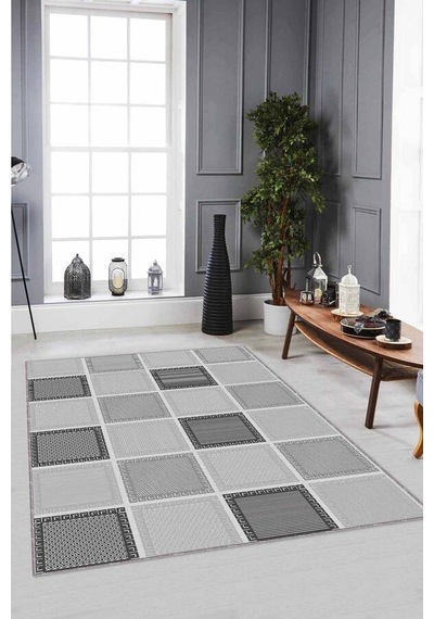 Gri Geometrik Kaymaz Tabanlı Makinede Yıkanabilir Halı Dm08n11
