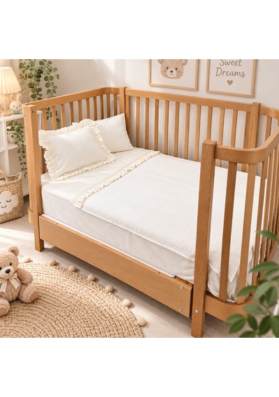 Sallhome Baby Ekru Fırfırlı Bebek Pike Takımı 4 Parça 90x120 Cm Pamuklu Pike, Çarşaf Ve 2 Yastık Kılıfı