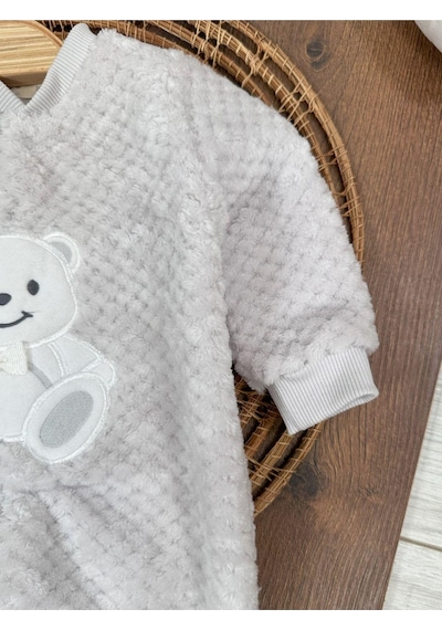 101 Dalmaçyalı Peluş Ayıcık Nakışlı Patikli Çıtçıtlı Kışlık Erkek Bebek Tulum Gri