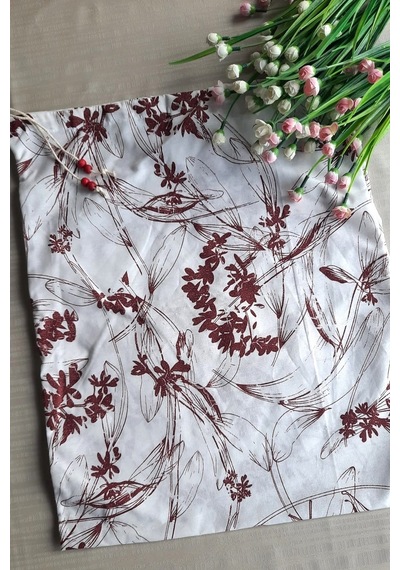 Bordo Çiçekli Ekmeklik - Askılı Büzgülü Keten Ekmek Torbası 50x40