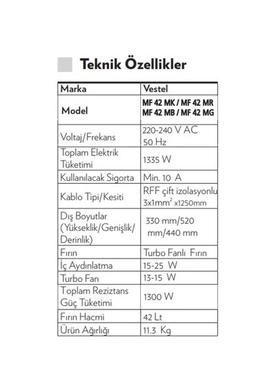 Vestel MF 42 MK 42 LT Mini Fırın