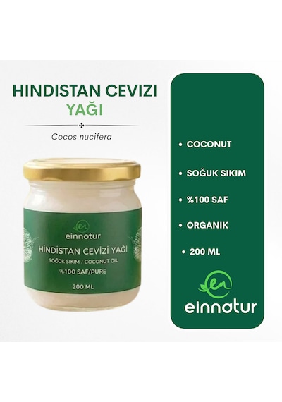 Hindistan Cevizi Yağı, 200 Ml, Soğuk Sıkım, Coconut Oil, %100 Saf, Organik