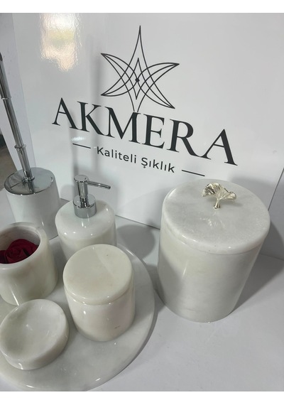 Akmera Elite 7 Parça %100 Gerçek Mermer Banyo Seti Beyaz - Gri