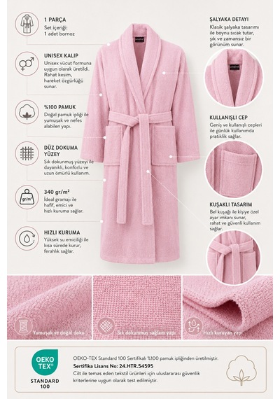 %100 Pamuk Pudra Pembe Kadın Bornoz Banyo, Spa, Havuz, Çeyiz