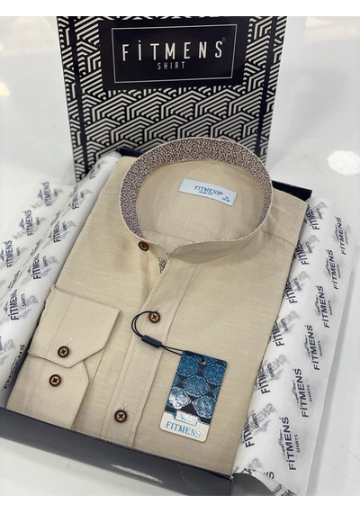 Hakim Yaka Slim Fit Keten Hediye Kutulu Erkek Gömlek Fs-003042 - Bej-2199